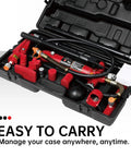Open blow mold carrying case with 18 piece 4 Ton Porta Power Hydraulic Jack Auto Body Frame Repair Kit and gauge.