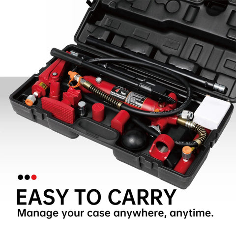 Open blow mold carrying case with 18 piece 4 Ton Porta Power Hydraulic Jack Auto Body Frame Repair Kit and gauge.