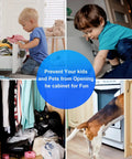 Collage showing children and pets accessing cabinets, highlighting need for Ultra Thin 3mm Stainless Steel Magnetic Cabinet Catch With Strong Hold Adhesive Backing No Drill Installation 16 Pack For Kitchen Cabinets Bathrooms Closets And Sliding Doors.