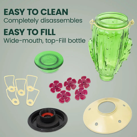 Cactus Top Fill Glass Hummingbird Feeder With Built In Bee Guards And Removable Perches 32 Ounce Nectar Capacity components displayed