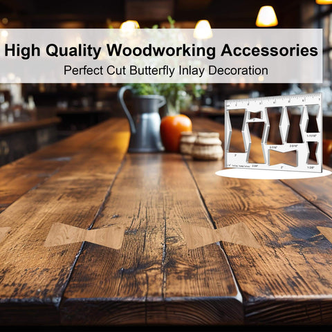 Eight In One Router Template Kit For Woodworking With Bowtie And Butterfly Inlay Jigs on wooden table with bow tie inlays