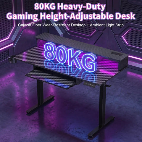 Level Up Your Gaming Space With This Electric Standing Desk That Offers Smooth Height Adjustment Customizable Rgb Lighting And Fast Usb Charging For Cool Setups - 80KG heavy-duty gaming desk with carbon fiber top and RGB lighting.