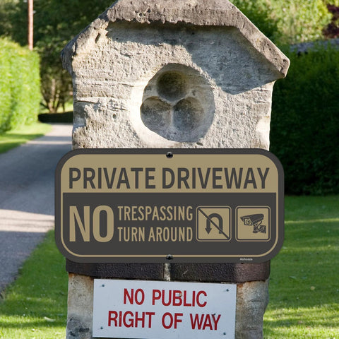 Ashoaza private driveway sign, aluminum, 12x6 inches, brown and tan, no trespassing and no turnaround (2-pack)