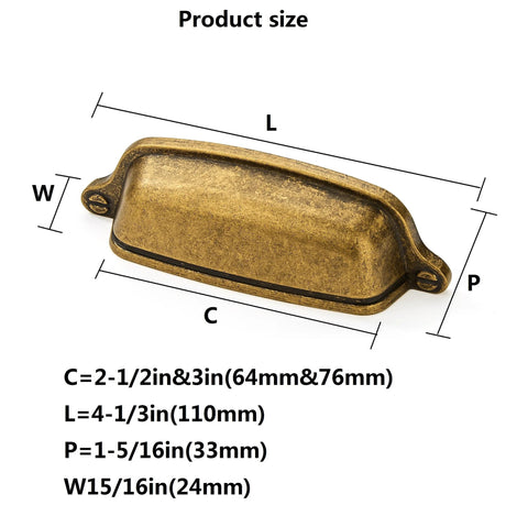 10 Pack Vintage 3 Inch Center To Center Antique Brass Cabinet Cup Pulls with size details for kitchen cabinets