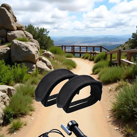 One Pair Bike Pedal Straps For Maximum Foot Grip On All Pedals, Black Toe Clip Straps, mountain path background