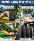 Various uses of Eight M5 Stainless Steel Eye Bolts Kit shown in camping, swings, hammock, and sandbags