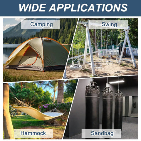 Various uses of Eight M5 Stainless Steel Eye Bolts Kit shown in camping, swings, hammock, and sandbags