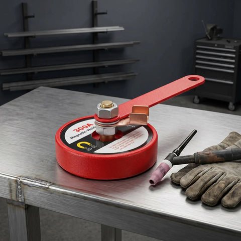 Super Tough Magnetic Welding Ground Clamp With Heavy Duty Alloy Steel Build and Epic 30kg Suction Power on steel table.