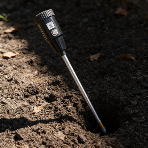 2-In-1 Soil Moisture Meter And PH Tester With A 12 Inch Probe in use, inserted into soil for lawn and garden plant care