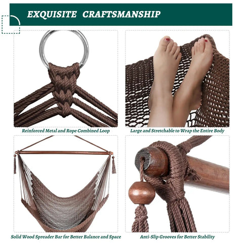Extra Large Hammock Swing Chair With Spreader Bar for indoor or outdoor kick back relaxing, close-up of metal loop and spreader bar