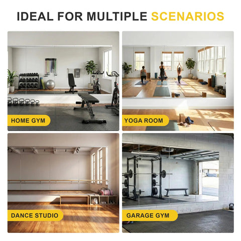 Four different rooms: home gym, yoga room, dance studio, garage gym, featuring Two Pack 48 By 28 Inch Home Gym Wall Mirrors Frameless Tempered Glass