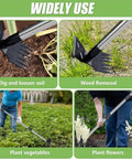 58 Inch Long Handle 2-in-1 Weed Puller And Hoe Garden Tool in use for soil, weed removal, planting vegetables and flowers.