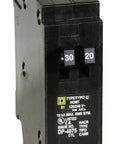 Homeline 30/20 Amp Single Pole Tandem Circuit Breaker With Plug On Design, 120/240V, 10,000 AIR Rating, Easy Install For Load Centers And CSED Devices black breaker with 30 and 20 amp toggles