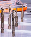 Front view: NordWolf 5-piece M35 cobalt stubby drill bit set, 1/4 in hex shank, SAE 3/32–5/16 in storage box