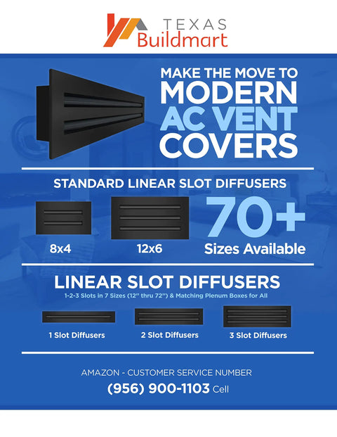 Modern AC vent covers with standard linear slot diffusers, multiple sizes including 8x4 and 12x6, by Texas Buildmart.