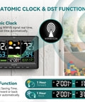 Wireless Indoor Outdoor Weather Station With Digital Atomic Clock, 9.1 Inch Color Display showing temperature and time adjustments