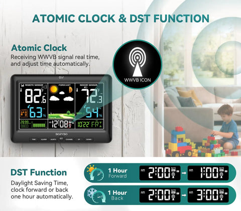 Wireless Indoor Outdoor Weather Station With Digital Atomic Clock, 9.1 Inch Color Display showing temperature and time adjustments