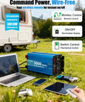 3000 Watt Pure Sine Wave Inverter Heavy Duty From 12V DC To 110V And 120V AC With LCD Display, 6000W Peak next to RV and laptop