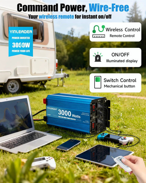 3000 Watt Pure Sine Wave Inverter Heavy Duty From 12V DC To 110V And 120V AC With LCD Display, 6000W Peak next to RV and laptop