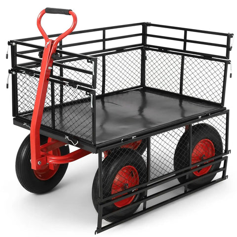 Heavy Duty 1400 Lb Steel Garden Dump Cart With Removable Mesh Panels 2 In 1 Handle 16 Inch All Terrain Wheels shown