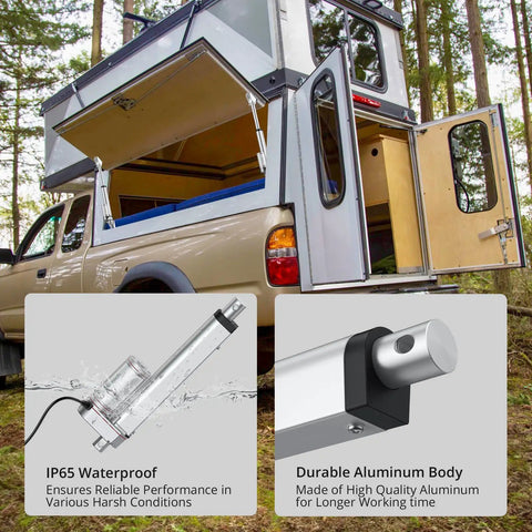 12V Beefed Up Heavy Duty Linear Actuator 225 Lbs 1000 N 6 Inch Silent IP65 With Brackets shown next to RV with pop-up roof.