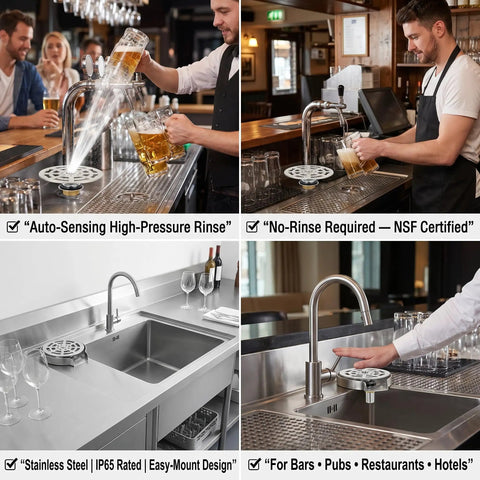 Automatic Glass Rinser And Cup Washer For Sink With 360 Degree Rotation Stainless Steel G One Half Attachment in use at bar