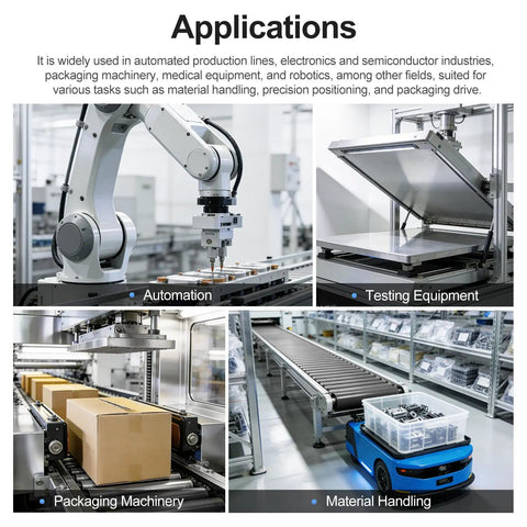 Industrial automation applications including packaging machinery, material handling, and testing equipment in production line.