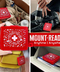 Everlit Pocket-Aid mini first aid kit, red hard-shell case; compact travel kit shown attached to a bag and in a car.