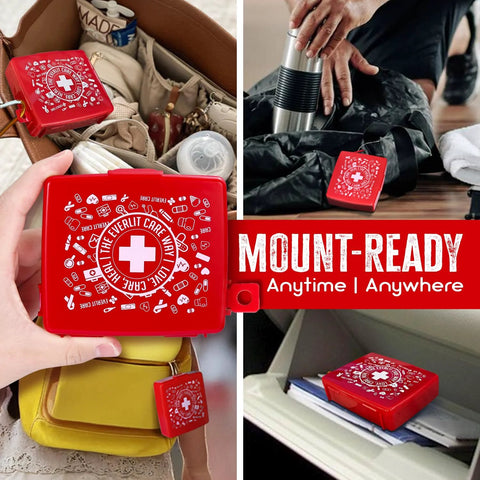 Everlit Pocket-Aid mini first aid kit, red hard-shell case; compact travel kit shown attached to a bag and in a car.