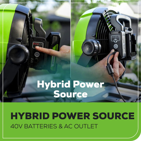 40V 10 Inch Hybrid Fan With 5 Speed Settings And 360 Degree Rotating Head Delivering Up To 785 CFM Airflow Cordless And AC DC Power Charger Included Battery Not Included Perfect For Garage Workshop And Home Use hybrid power source
