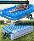 Image showing 18V Cordless Leaf Blower With Brushless Motor inflating a raft and deflating a mattress outdoors.