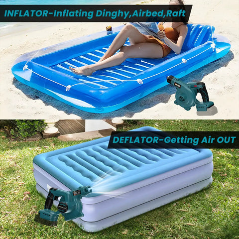 Image showing 18V Cordless Leaf Blower With Brushless Motor inflating a raft and deflating a mattress outdoors.