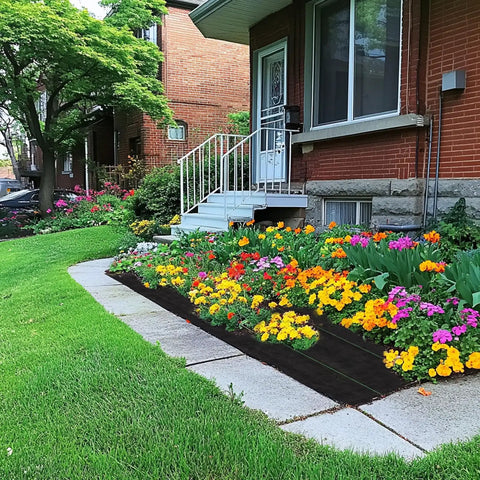 Heavy Duty Weed Barrier Ground Cover Fabric 6.5 Ft By 32 Ft Woven Landscape Weed Control Mat installed in garden bed