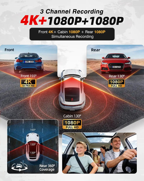 Diagram showing 3 Channel Dash Cam For Cars Front And Rear With 4K Video And Cabin Cam HDR Night Vision and recording angles.
