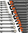 24 Piece Metric And SAE Flex Head Ratcheting Wrench Set With 180 Degree Head And 72 Teeth CRV Steel Pro Grade displayed in rows