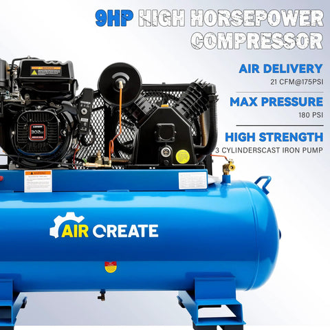 Heavy Duty 9HP Gas Air Compressor With 40 Gallon ASME Tank. High Performance 21 CFM Flow At 175 PSI For Jobsite Demands. Features Electric Start, 302CC Engine, Two Cylinder Pump Head, Dual Tank Design, And Powerful Output Port For Heavy Tools