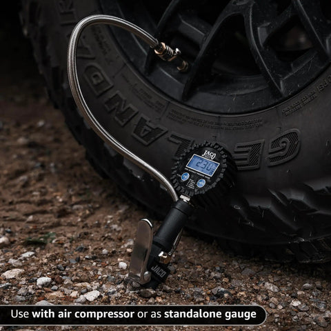 FlowPro Digital Tire Inflator With Pressure Gauge 200 PSI for precise tire inflation on vehicle with bright LCD display