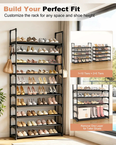 Heavy Duty 10 Tier Shoe Rack With 10 Coat Hooks, Sturdy Vertical Shoe Organizer For Home Entryway, Level Up Your Sneaker Game In Matte Black Today