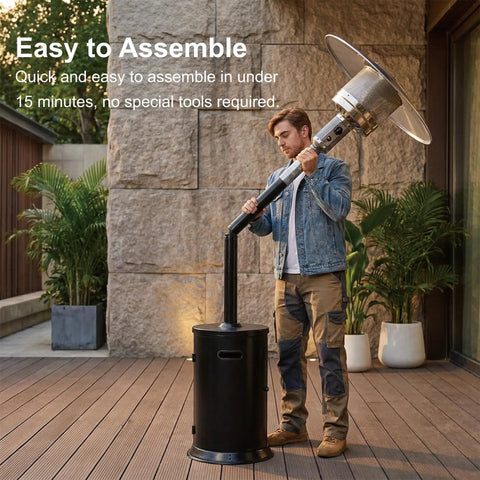 Man assembling 47000 BTU Outdoor Patio Heater With Round Table Design And Wheels Propane Gas Standing Heater with black hammered finish