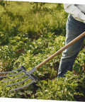 Gardener using Heavy Duty Steel Farm Fork With Four And Five Prongs For Soil Loosening And Turning Versatile Garden Prep And Harvest Tool