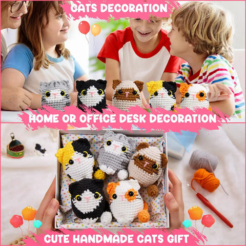 Easy Peasy Beginner Crochet Kit For Amigurumi Cats Five Pack Includes Step By Step Video Tutorials with colorful cat toys.
