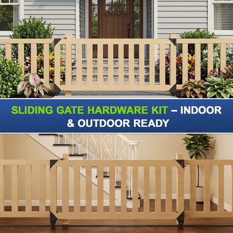 Sliding Gate Hardware Kit For Wood Gates 1.5 to 2 Inches Anti Sag Beefed Up With Galvanized Steel Track Frame And Reinforced Corner Braces For Stable, Deformation-Resistant Performance Easy Install on indoor and outdoor wood gates