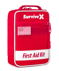 Front view of SurviveX First Aid Kit, small red case with white trim, US flag patch, and First Aid Kit label.