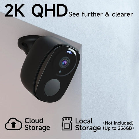 Outdoor Wireless Security Camera Wire Free Spotlight Cam Battery Powered 2K FHD Video Two Way Audio AI Motion Detection Color Night Vision Cloud SD Up To 256GB Alexa Compatible Black mounted on a wall.