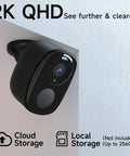 2K Wireless Outdoor Security Cameras Kit With Spotlight And Siren Alarm mounted on wall with cloud and local storage text