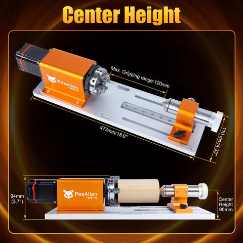 4th Axis Rotary Module For Masuter 3S Xe Ultra Xe Pro CNC Router With Nema23 Closed Loop Stepper And Ten To One Reduction Gearbox For Cylindrical Wood And Metal Engraving Ac57 10, showing top and side view with dimensions and gripping range.