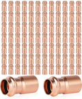 Top Shelf 100 Pack Lead Free Copper Press Fittings 1 Inch By 3/4 Inch Reducing Coupler Heavy Duty plumbing connectors arranged in rows.
