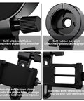 Universal Phone Scope Adapter with adjustable clamp, anti-slip knob, rubber bayonet, rubber clamp, and stainless steel rod.