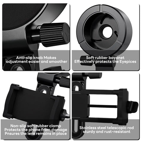 Universal Phone Scope Adapter with adjustable clamp, anti-slip knob, rubber bayonet, rubber clamp, and stainless steel rod.
