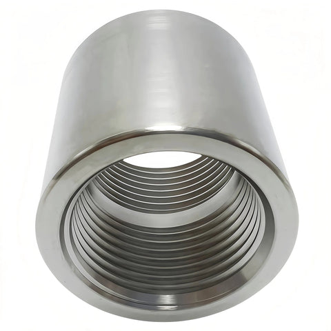 Close-up of stainless steel 1/4 in NPT female–female pipe coupling, heavy-duty, Class 3000, 2-pack